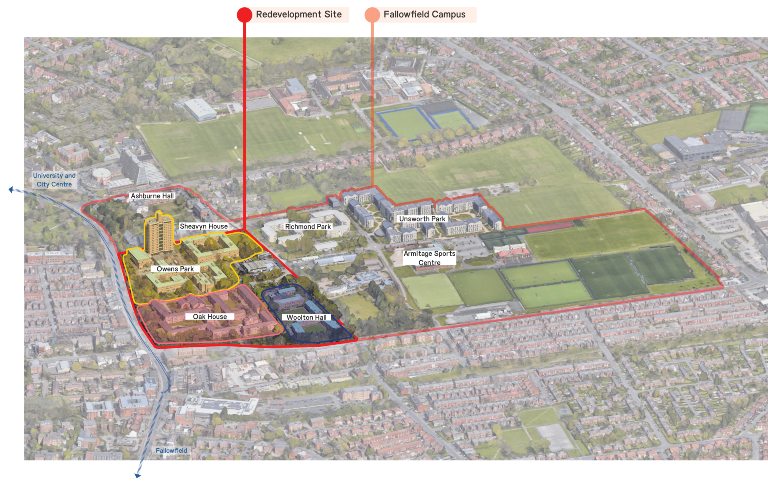 Aerial site plan of the Fallowfield Campus development.